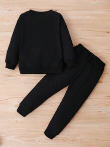SHEIN Young Girl Heart Print Pullover & Sweatpants - Black - View 2