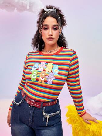 SHEIN X Care Bears Plus Size Women Colorful Striped Knit Slim Fit Warm Cartoon Bear Print Colorful T-Shirt, Fall