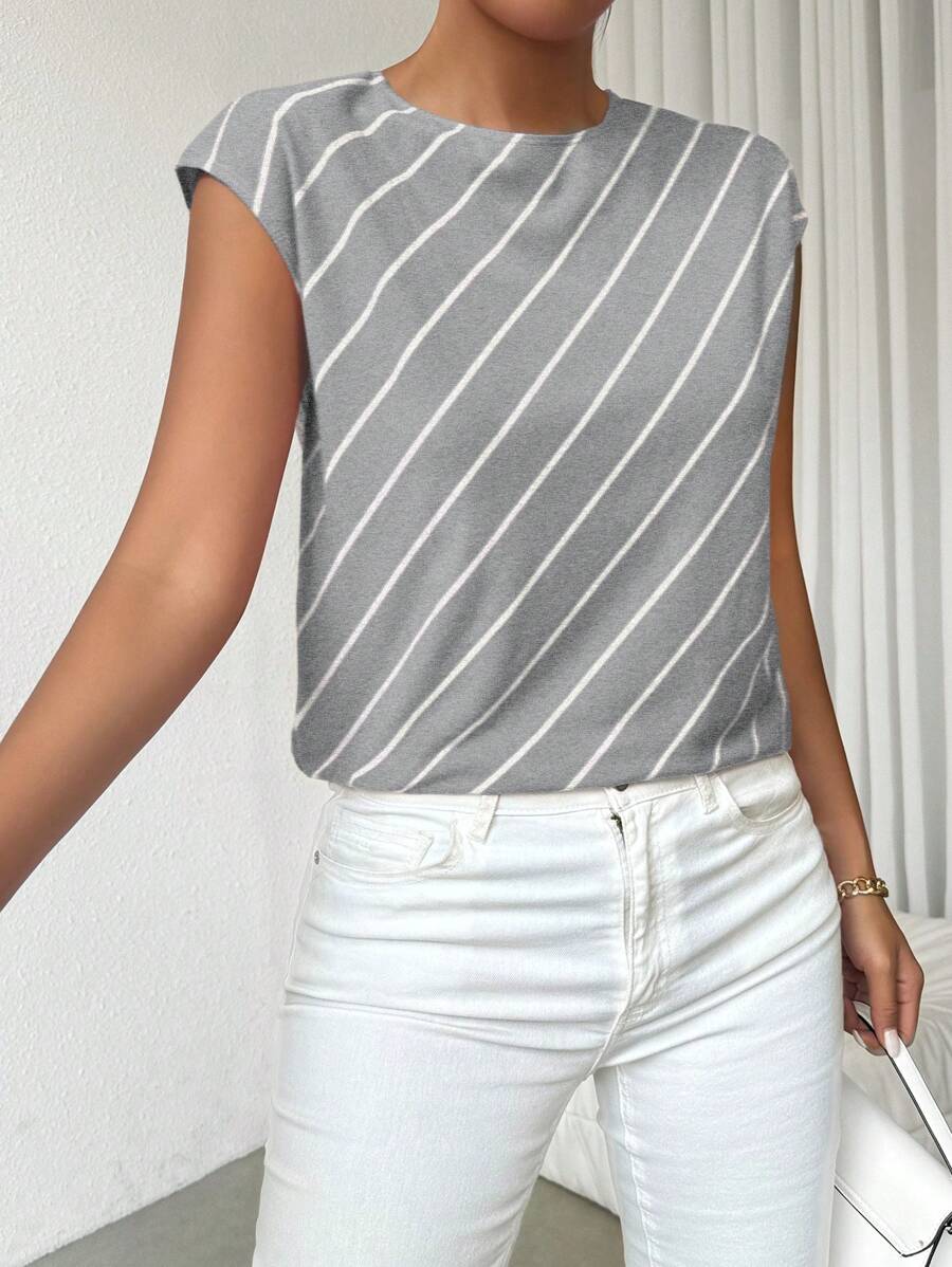 SHEIN Essnce Áo sơ mi nữ mùa hè Áo phông kẻ sọc rộng rãi cho đi làm hàng ngày và mặc thường ngày - Xám - Xem 1