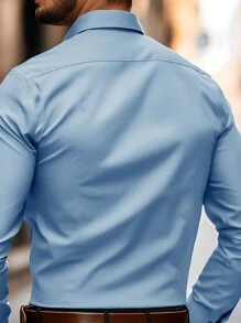 Manfinity Mode 男士纯色休闲商务长袖衬衫，春夏季，男士蓝色正装衬衫，男士淡蓝色衬衫，男士浅蓝色衬衫，蓝色设计师衬衫，秋季 - 淺藍色 - 查看 2