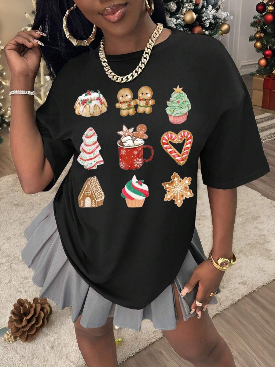 SHEIN Slayr 大码女式姜饼印花宽松休闲落肩 T 恤，夏季