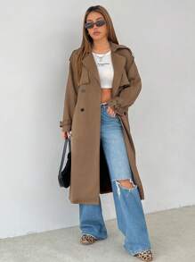 SHEIN PETITE Brown Woven Women's Trench Coat Suitable For Autumn And Winter - Brown - View 1