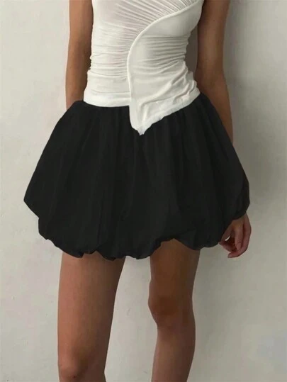 Rina Fox Women's Solid Color Elastic Waist Pleated Short, Black Skirt