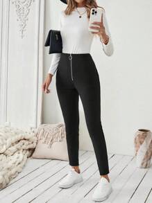 Chiquease 休闲前拉链保暖内衬紧身裤，秋冬季 - 黑色 - 查看 5