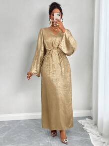 SOLERSUN 女式金属纹理蝙蝠袖连衣裙，适合新年节日派对服装，长款女装 - 金色 - 查看 6
