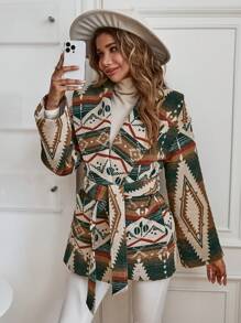 SHEIN Clasi Print Long Sleeve Jacket, Autumn/Winter - Green - View 3