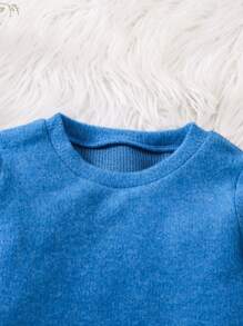 SHEIN 2pcs Young Girls Blue & Green Top And Mustard Brown Corduroy Pants Set, Spring & Fall Casual & Comfortable Outfit