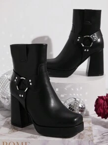 SHUZIA Botines de plataforma con puntera cuadrada, tacón cuadrado y PU negro para mujer