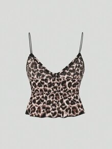 Flirla Top cami estampado de leopardo con encaje en la Bottom y nudo delantero