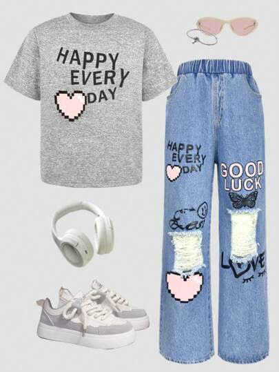 2pcs Tween Girls White Letter Print Tee And Denim Pants Set