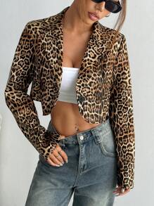 SHEIN Unity Cropped PU Leopard Print Blazer - Multicolor - View 6