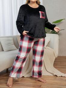Conjunto de pijama de forro polar de cuello redondo de manga larga con bolsillo a cuadros para mujeres de talla grande, otoño/invierno