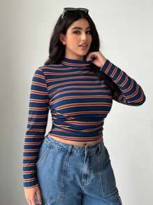 SHEIN EZwear 大码高领条纹 T 恤，秋冬 - 彩色 - 查看 4