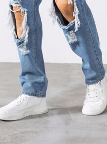 Manfinity LEGND Plus Size Distressed Minimalist Denim Jeans, Casual Daily Wear, Frayed Jeans Plain Long Ripped Light Blue Cargo Jeans, For Husband, Boyfriend Gifts - Light Wash - View 8