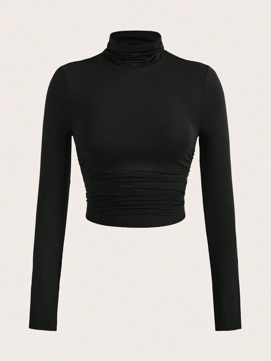 SHEIN Girlism Tween Girls Simple Comfortable Ruched Long Sleeve T-Shirt - Black - View 1