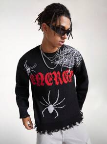 Manfinity EMRG Suéter rasgado con estampado de telaraña y letras de moda para hombre, otoño