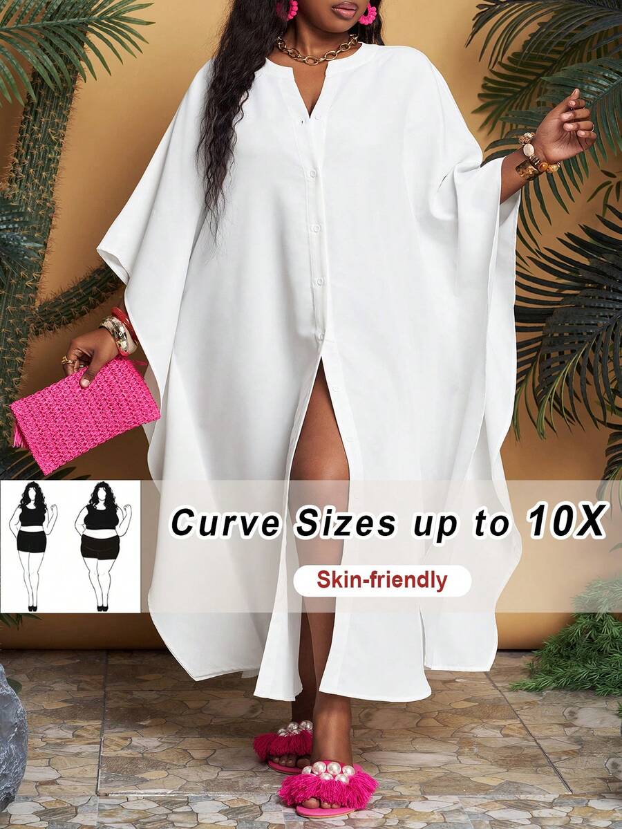 SHEIN CURVE+ Plus Size Vacation Leisure Loose Fit Long Shirt Dress - White - View 1