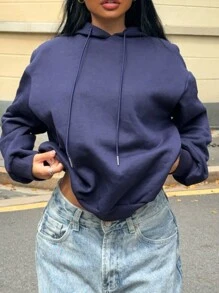 SHEIN EZwear Women's Casual "CUTE BUT PSYCHO" Print Hooded Fleece Sweatshirt, Loose Fit, Suitable For Fall/Winter - Navy Blue - View 3