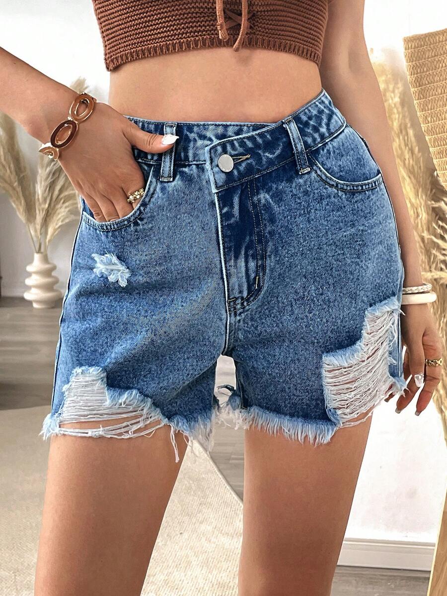 SHEIN VCAY Pantalones cortos de mezclilla azul rotos para mujeres, casual de vacaciones - Lavado ligero - Ver 1
