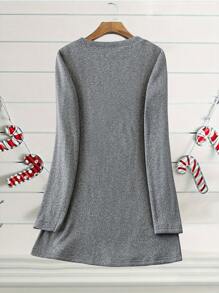 SHEIN LUNE 女士休闲圆领字母与心形印花保暖内衬运动衫，秋冬季 - 灰色 - 查看 2