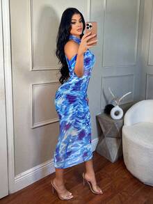 SHEIN SXY 扎染印花褶皱透视单肩紧身网眼夏季优雅连衣裙 - 寶藍色 - 查看 5