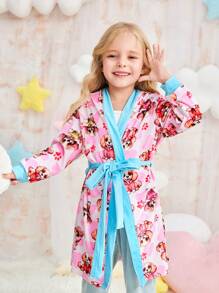 Young Girl Pink Cute Puppy Print Long Sleeve Hooded Pajama Robe Sleepwear - Pink - View 3