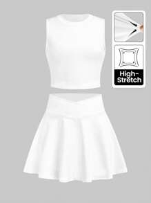 SHEIN Tween Girls' Knitted Solid Color Vest And V-Waist Skirt Sports Two-Piece Set - White - View 1