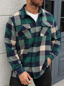 Manfinity Homme Men Fall Green Plaid Long Sleeve Contrast Color Shirt, Autumn & Winter - Multicolor - View 7