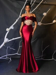 SHEIN Belle 优雅华丽的勃艮第和香槟色可拆卸肩带奢华串珠亮片缝线弹力缎面收腰透视紧身美人鱼下摆适合婚礼活动度假单身派对舞会晚礼服（重工风格）、婚礼活动礼服、正式礼服、婚礼嘉宾、毕业典礼、晚宴 - 紫色 - 查看 6