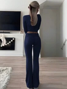 INAWLY 2 件套女士休闲纯色圆领长袖 T 恤和喇叭裤套装，春夏 - 藏蓝色 - 查看 5