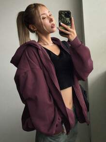 DAZY Áo khoác nữ dáng dài, vai rớt, khóa kéo phía trước, có mũ, kiểu dáng thường ngày, chất liệu trơn, tay dài, có lớp lót giữ nhiệt. - Màu Đỏ Sâu - Xem 6