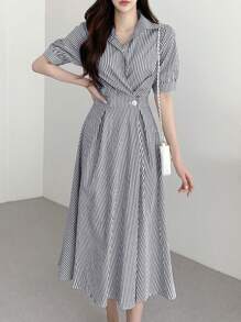 INAWLY 女式夏季休闲条纹腰中长连衣裙