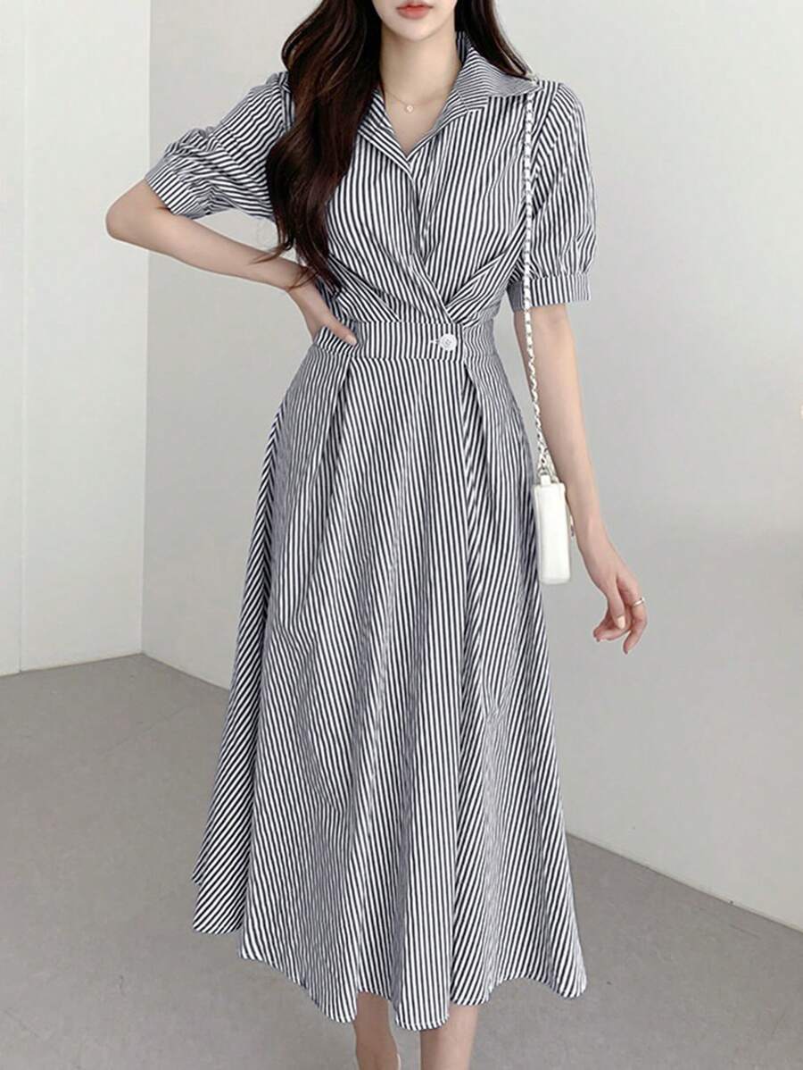 INAWLY 女式夏季休闲条纹腰中长连衣裙