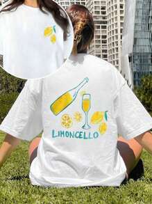SHEIN LUNE Limoncello When Life Hands You Lemons Make Lemonade Lemon Pattern Relaxed Fit Short Sleeve Graphic Tee - White - View 1