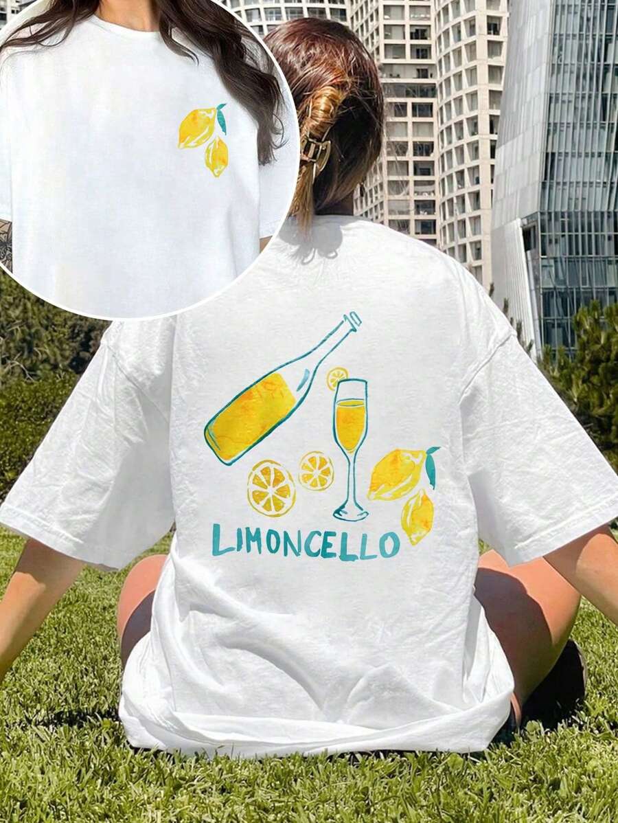 SHEIN LUNE Limoncello When Life Hands You Lemons Make Lemonade Lemon Pattern Relaxed Fit Short Sleeve Graphic Tee - White - View 1