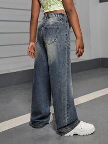 SHEIN Quần jeans ống rộng, mềm mại, phong cách Y2K cho bé gái, thích hợp mặc mùa hè. - Rửa tối - Xem 2