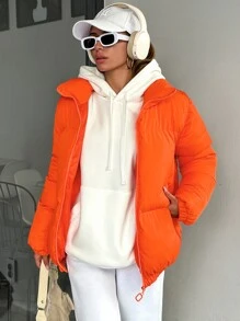 RueChic Tie-Dye Padded Coat With Zipper And Hoodie - Orange - View 4