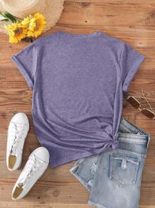 SHEIN EZwear CURVE Damen Große Größen Sommer Slogan bedrucktes V-Ausschnitt Kurzarm Lässig T-Shirt FUN FACT Ich kümmere mich nicht Grafik Oberteile für Frauen - Violett - Übersicht 2