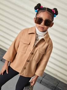 SHEIN Mantel Wol Polos Kasual Longgar untuk Anak Perempuan dengan Kerah Lipat - Khaki - View 3