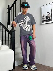 Manfinity VCAY 1pc Quần áo Y2K nam vui nhộn thường ngày quá khổ hợp thời trang đường phố cổ điển phong cách sáng tạo xúc xắc thiên thần Madonna tranh sơn dầu in áo phông dệt kim màu đen - Xám - Xem 4