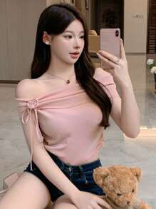 DAZY Women's Solid Color Elegant Off-Shoulder Knit Top - Pink - View 5