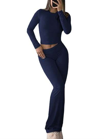 INAWLY 2pcs Women's Casual Solid Color Crew Neck Long Sleeve T-Shirt And Flared Pants Set, Spring/Summer Fall Cloth For Women