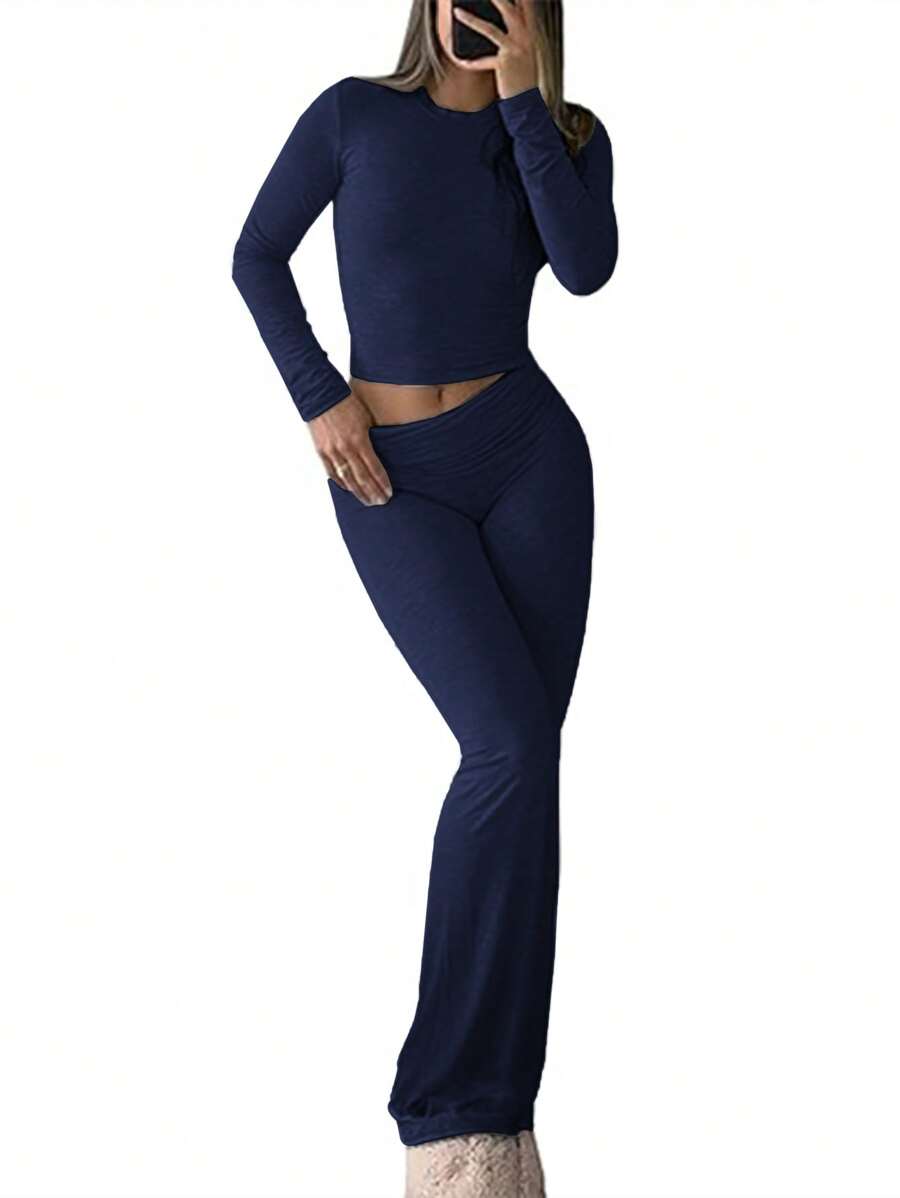 INAWLY 2 件套女士休闲纯色圆领长袖 T 恤和喇叭裤套装，春夏 - 藏蓝色 - 查看 1