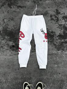 Manfinity Roghcode Men's Front Tie Letter Print Casual Sportswear Sweatpants,Fall Men Clothes - White - View 1