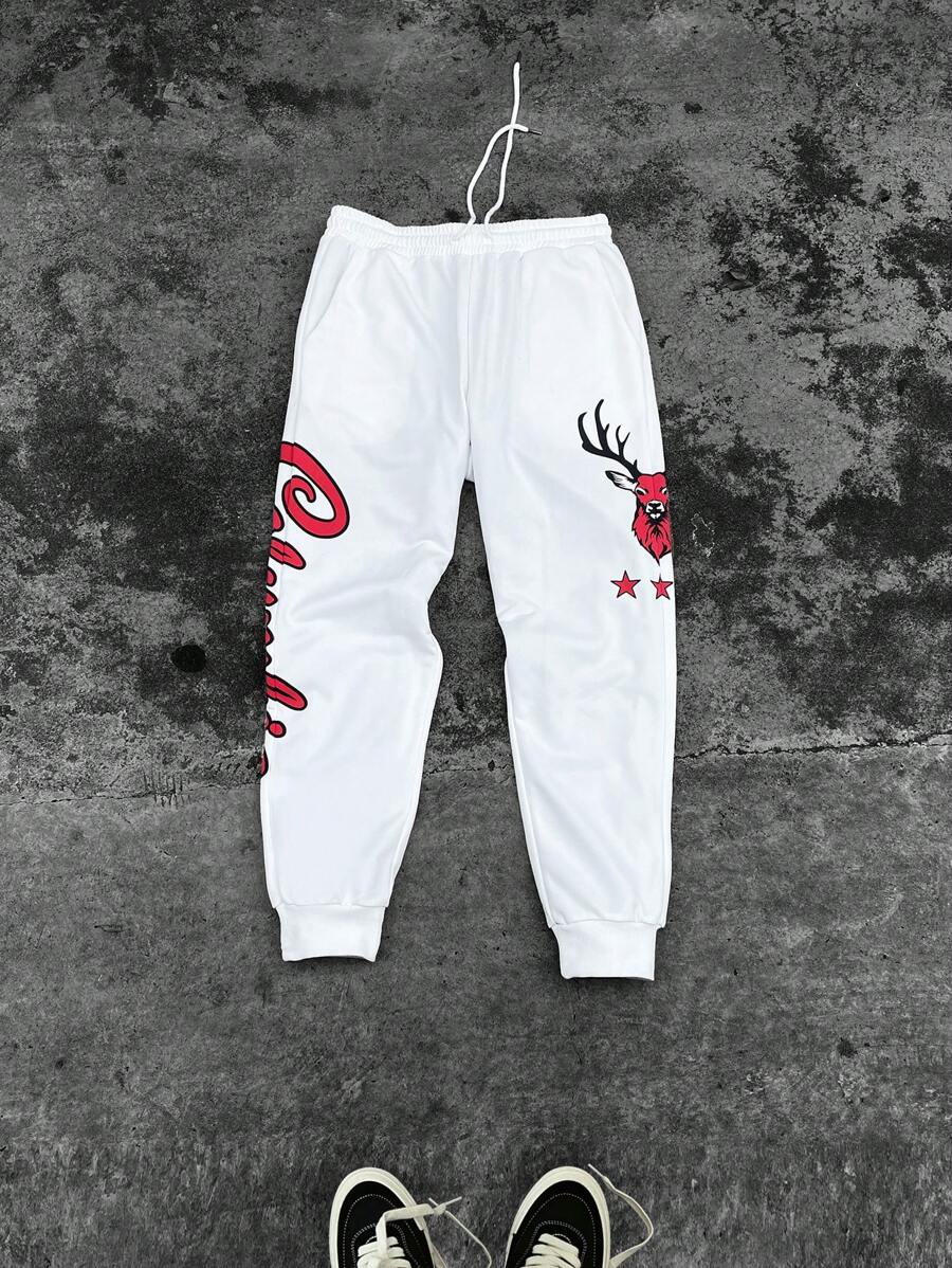 Manfinity Roghcode Men's Front Tie Letter Print Casual Sportswear Sweatpants,Fall Men Clothes - White - View 1