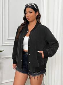 SHEIN EZwear Plus Size Solid Color Front Button Long Sleeve Simple Jacket, Casual Daily Wear - Black - View 5