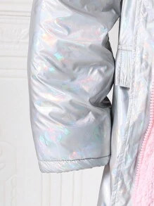 SHEIN 女童撞色毛领保暖夹克 - 銀色 - 查看 3