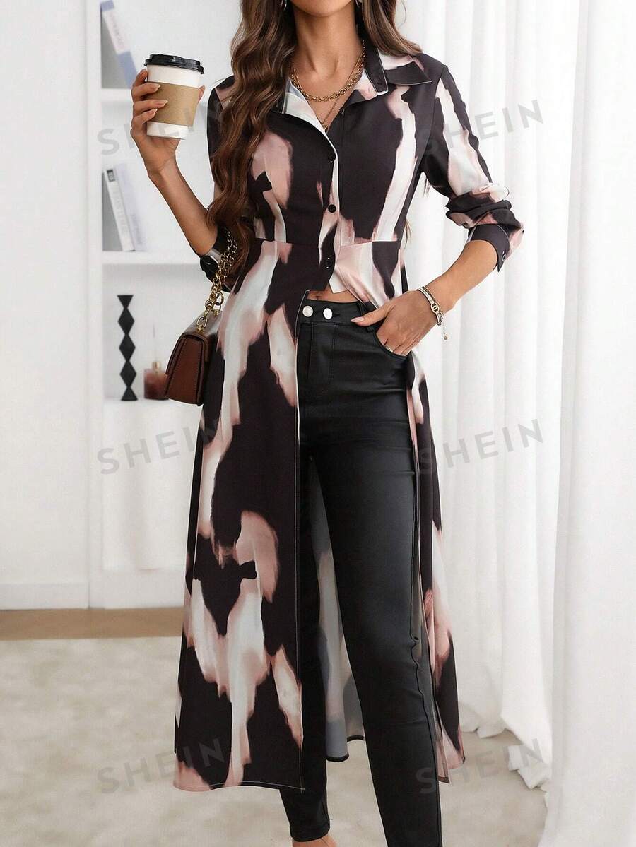 SHEIN Privé Random Leopard Print Front Short Back Long Hem ButtonDown