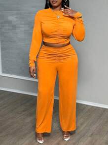 Slaydiva Layr Plus Size Casual Solid Color Fitted Bright Orange Basic Crew Neck Cropped Long Sleeve Top And High Waist Ruched Wide Leg Pants Fall Two Pieces Set