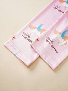 2pcs Young Girls Simple Pink Flying Horse Print Snug Fit Long Sleeve Top And Pants Homewear Set